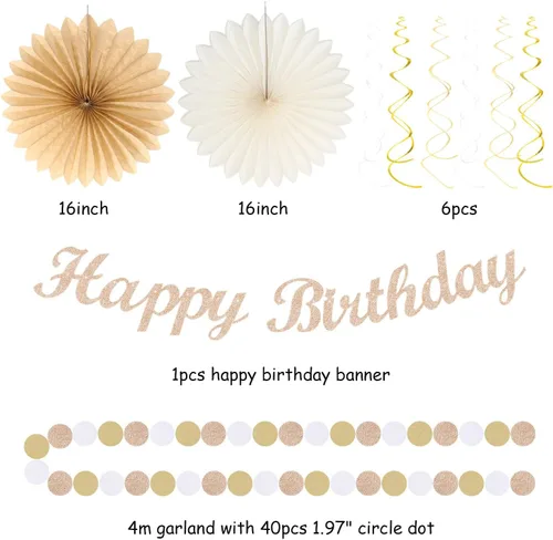 Miniatura 3 de Beige Champagne Rose Gold Women-Girls Birthday Decorations - 21pcs Fall Boho Party Happy Banner, Peach Streamers,Paper Lanterns,Pom Poms Fans 16th