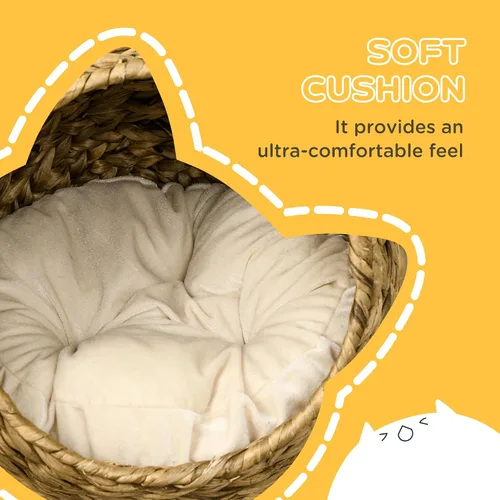 Miniatura 5 de PawHut Cama elevada tejida a mano para gatos con cojín suave y forma de silla de huevo, cama de cesta con soporte, casa de mimbre elevada para gatos