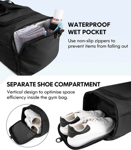 Miniatura 3 de Bolsas de gimnasio para hombres y mujeres, plegable, bolsa de lona deportiva, bolsa de entrenamiento, bolsas de viaje, Negro -, Bolsa de gimnasio