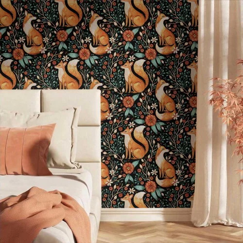 Miniatura 2 de Papel tapiz autoadhesivo de 18 x 236 pulgadas, diseño floral de zorros salvajes oscuros, papel de contacto extraíble, papel de pared fácil