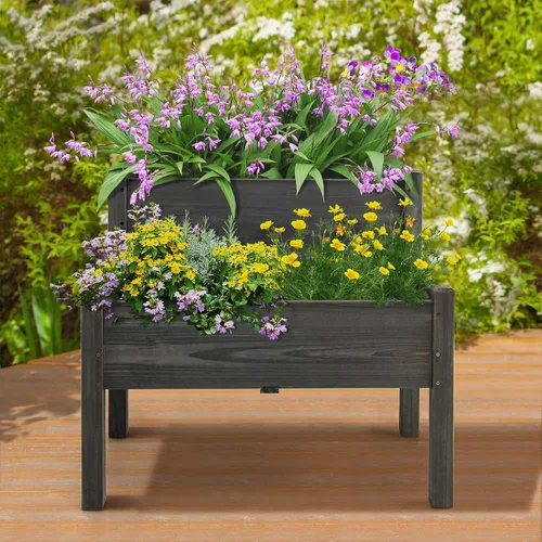 Miniatura 9 de RELAX4LIFE Cama de jardín elevada de 2 niveles, maceta elevada de madera de abeto con patas, 8 agujeros de drenaje, capacidad de 220 para cultivar