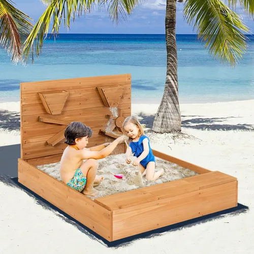 Miniatura 8 de HONEY JOY Caja de arena con pared de arena de 30 pulgadas, pozo de arena sin fondo de cedro con embudo, canaletas, caja de almacenamiento, forro