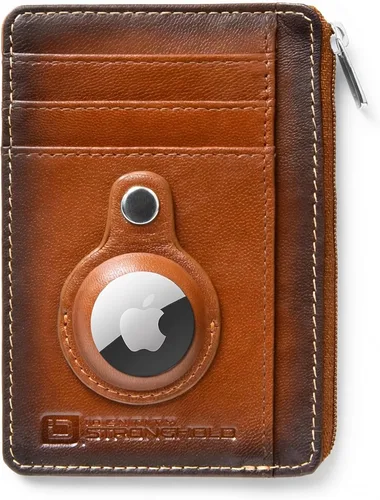ID Stronghold Cartera de bolsillo frontal con bloqueo RFID, delgada y minimalista de piel auténtica con bolsillo con cremallera para monedas (Airtag