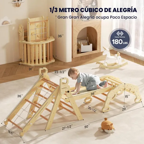 Miniatura 6 de BlueWood 2025 8-en-1 Juego de Escalada Triangular Pikler para Niños Pequeños Juguetes de Interior Parque Infantil de Jungla para Bebés - Rosa Morado