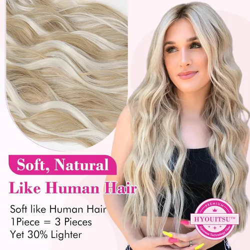 Miniatura 2 de REECHO Extensiones de cabello rubio, extensiones de una pieza con clip de 20" para mujer, extensiones de cabello sintético suave y natural con ondas