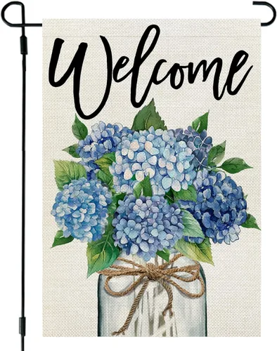 CROWNED BEAUTY Bandera de jardín de primavera, tarro de hortensias de 12 x 18 pulgadas, doble cara, pequeño, floral, decoración de vacaciones de