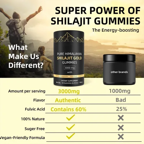 Miniatura 7 de Gomitas Shilajit del Himalaya de 3000 mg doradas para hombres y mujeres, orgánicas y naturales con más de 85 minerales esenciales y ácido fúlvico