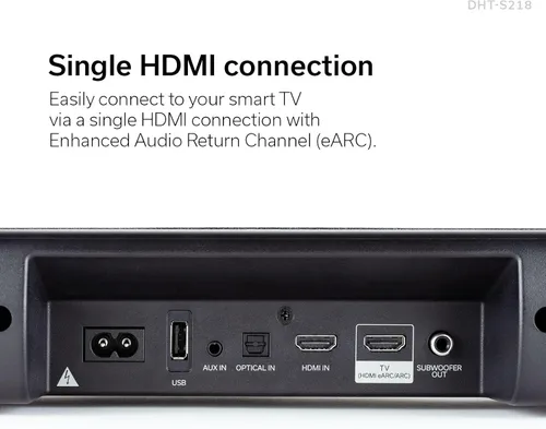 Miniatura 5 de Denon Barra de sonido DHT-S218 para Smart TV (Negro), 2.1 canales, audio 3D con Dolby Atmos, 2 subwoofers integrados, doble rango medio y tweeters
