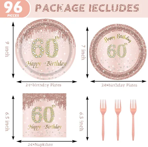 Miniatura 2 de 24 juegos de decoración de fiesta de 60 cumpleaños en oro rosa para mujeres, 60 platos de cumpleaños y servilletas, tenedores, suministros de fiesta