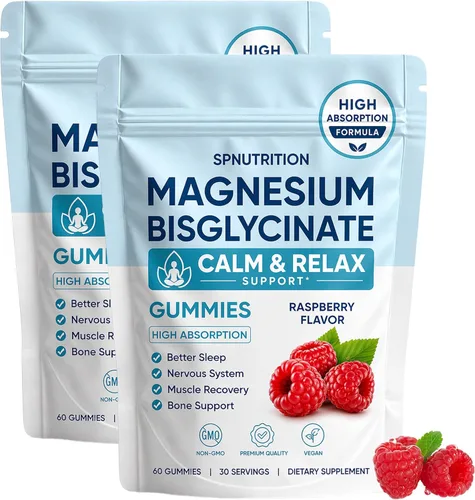 Gomitas de bisglicinato de magnesio, 400 mg de quelato de bisglicinato de magnesio con sal marina y polvo de frambuesa, veganas, 60 gomitas (2)