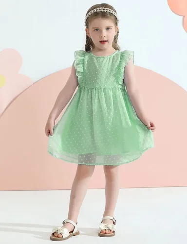 Miniatura 2 de URMAGIC Vestidos de verano para niñas pequeñas, con volantes, sin mangas, con lunares suizos, vestido de fiesta sólido para 18M-6 años