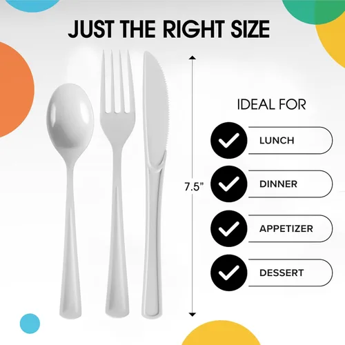 Miniatura 3 de Party Solids Cubiertos de plástico blanco resistentes, 150 piezas desechables de color blanco, juego de utensilios de cocina, 50 de cada tenedor