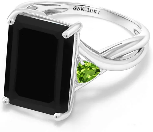 Miniatura 3 de Gem Stone King 7.12 Ct Emerald Cut Black Onyx Green Peridot 10K White Gold 3 Stone Women Ring