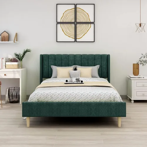 Miniatura 15 de Upholstered Bed Frame with Wingback Headboard and Wood Slats (Beige-Linen, Twin)