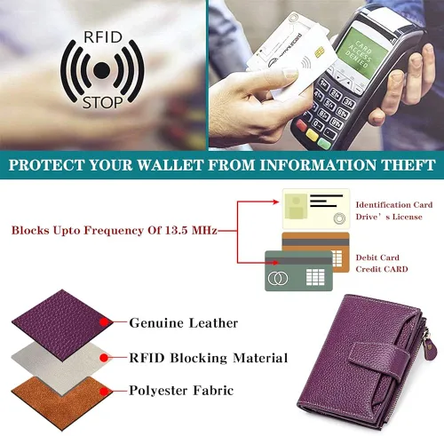 Miniatura 6 de FALAN MULE - Cartera de cuero auténtico para mujer pequeña plegable compacta con interferencia de radiofrecuencia RFID