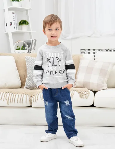 Miniatura 2 de oklady Ropa para niño pequeño, sudadera de manga larga con letras y pantalones de mezclilla rasgados, trajes de otoño e invierno para niños, 2-6T