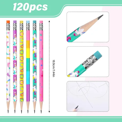Miniatura 3 de TecUnite 120 lápices HB sin afilar con bolígrafo hexagonal de madera para adultos, regalo de grafito, para exámenes, bocetos de oficina (unicornio)