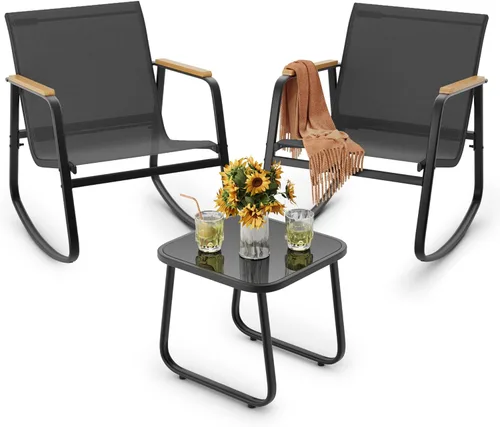Miniatura 10 de Ahomly - Juego de 3 piezas de muebles de patio, juego de muebles de exterior de Textilene con reposabrazos de madera, mesa de café con superficie