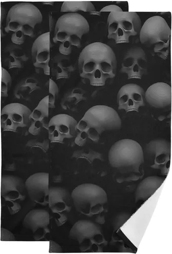 Juego de 2 toallas de mano de baño con patrón de calavera gris y gris, diseño de esqueleto, suave y absorbente, toallas de mano decorativas para