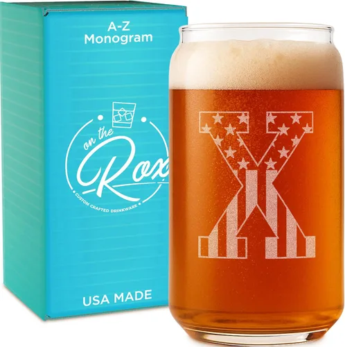 Miniatura 25 de Vaso en forma de lata de cerveza con monograma grabado - bandera de EE.UU.