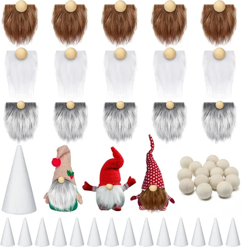 Miniatura 8 de 60 piezas de conjuntos de barba de gnomo, barba de gnomo de piel sintética precortada, cono de espuma, espuma hecha a mano, bolas de madera