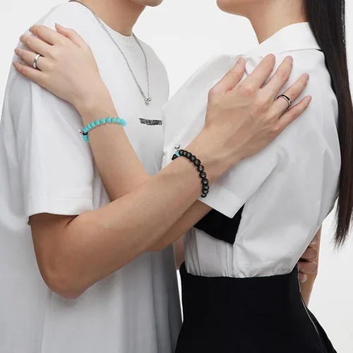 Miniatura 30 de 2 pulseras magnéticas para parejas, piedra natural negra mate, cristal para votos de amor eterno, juego de pulseras de cuentas de piedra de energía