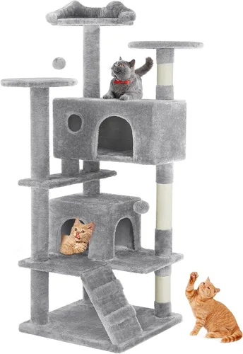 Miniatura 11 de Sweetcrispy Torre de árbol para gatos de 54 pulgadas, torre de varios niveles con poste rascador para gatos, condominio interior para gatos con Gris