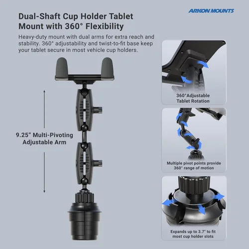 Miniatura 3 de ARKON Mounts - Soporte para tablet de agarre delgado con soporte doble robusto para taza de automóvil, soporte universal para tableta, soporte