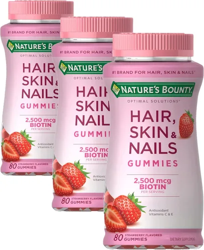Nature's Bounty Optimal Solutions - Gomitas de vitaminas para cabello, piel y uñas con biotina, 2500 mcg, fresa, 80 unidades (paquete de 3)