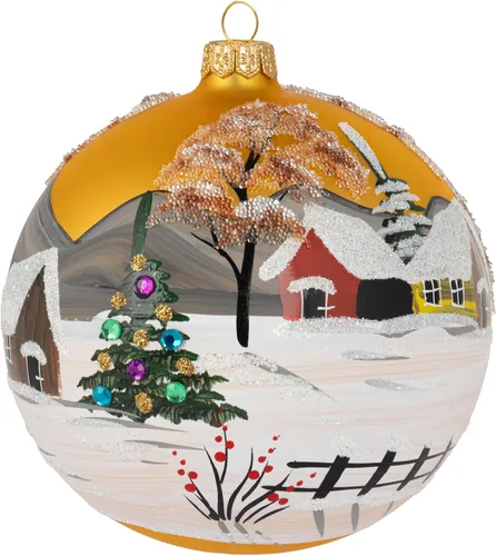 Adorno navideño de vidrio soplado de Polish Gallery, bola grande dorada, colgante, 5 pulgadas/120 mm, pintado a mano, paisaje invernal campestre