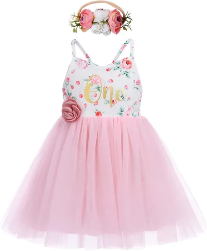 Disfraz de tutú rosa para niña de primer cumpleaños, vestido de tul con flores rosas, vestido de verano para fiesta de té, trajes de sesión de fotos