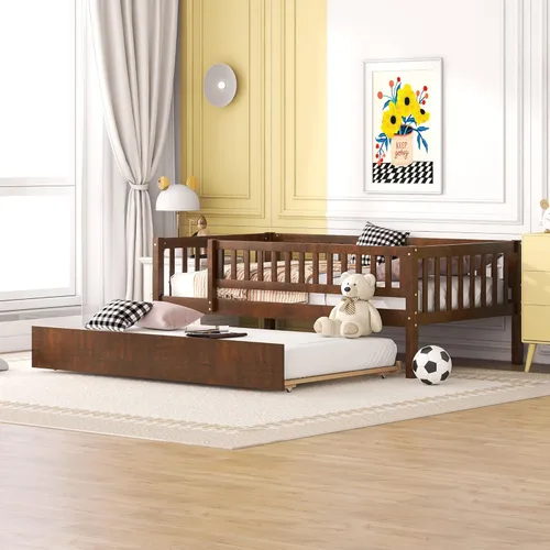 Harper & Bright Designs Sofá cama individual con nido, marco de cama infantil de madera tamaño individual con valla, cama nido individual para