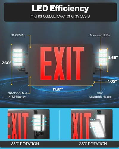 Miniatura 5 de Sunco - Paquete de 6 letreros de salida negros con luces de emergencia, dos luces LED ajustables, 94V-0 resistentes al fuego, batería de respaldo