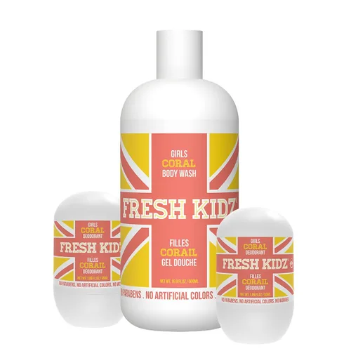 Fresh Kidz Gel de baño de 16.9 onzas líquidas y 2 desodorantes roll-on de 1.86 onzas líquidas para niños y adolescentes – Juego de coral para niñas