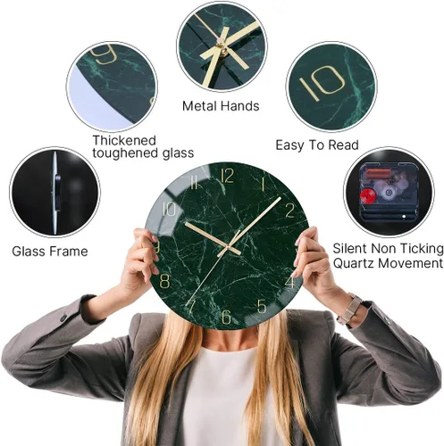 Miniatura 5 de VIKMARI Reloj de pared de cristal, silencioso, sin tictac, reloj de pared de cuarzo de calidad de 12 pulgadas, funciona con pilas, redondo, fácil