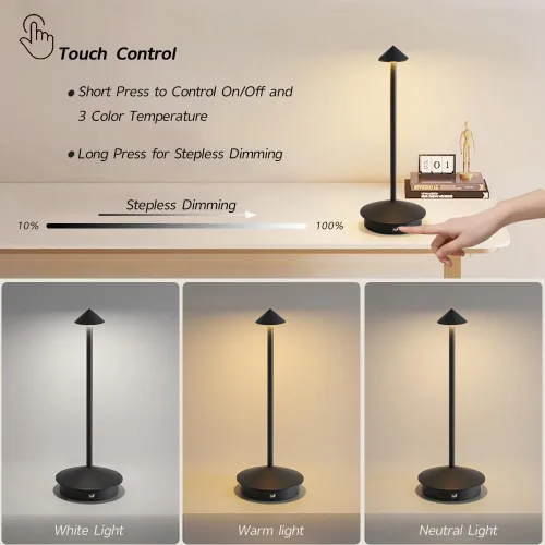 Miniatura 5 de Paquete de 2 lámparas de mesa inalámbricas de aluminio, lámparas de mesa recargables de 6000 mAh, lámpara LED táctil portátil, lámparas de mesa Negro