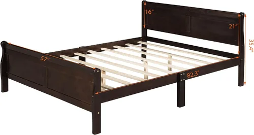 Miniatura 2 de Cama de plataforma de madera maciza tamaño matrimonial con cabecera y estribo de trineo, base de cama de plataforma de madera completa con Espresso