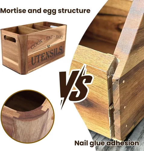 Miniatura 4 de Soporte para utensilios para encimera de cocina, organizador de madera extra grande de 3 compartimentos en madera de acacia, almacenamiento