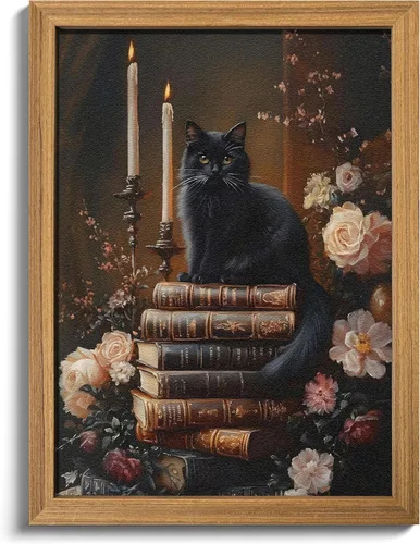 Arte de pared enmarcado con textura 3D de gato, libros vintage, decoración floral oscura de la academia, fotos de flores botánicas góticas