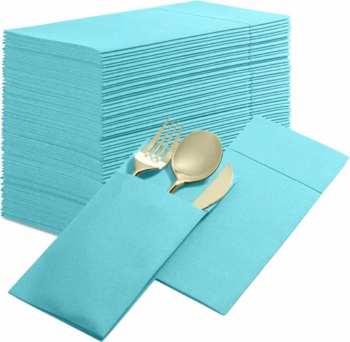 Paquete de 50 servilletas desechables con sensación de lino para cena con bolsillo integrado para cubiertos, servilletas de papel tipo tela Menta