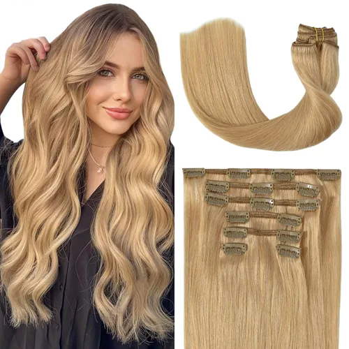 Miniatura 12 de UGOTRAYS Extensiones de cabello humano real de color rubio fresa a rubio decolorado, 12 pulgadas, lacio, doble trama, cabello Remy con clip, 2.47