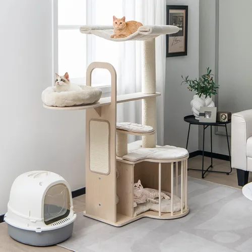 Tangkula Árbol de madera para gatos de interior, centro de actividades de torre para gatos de varios niveles de 55 pulgadas con hamaca, condominio