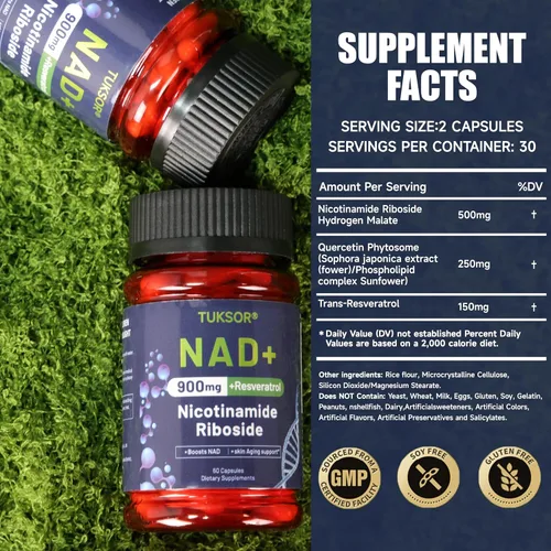 Suplemento NAD+, ribósido de nicotinamida, resveratrol liposomal, reparación celular, ayuda a la energía, vitalidad de envejecimiento, enfoque, 60