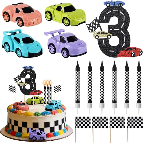 Miniatura 9 de Decoración para tartas de auto de carreras, 15 piezas, decoración de cumpleaños de autos de carreras, velas de cumpleaños falg a cuadros