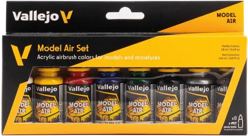 Vallejo - Model Air Basic Colors | Juego de pintura acrílica | Fórmula preadelgazada lista para aerógrafo | 8 tonos básicos | Pigmentos no tóxicos a