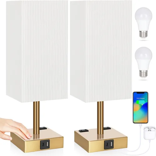Miniatura 12 de Juego de 2 lámparas de mesita de noche de 3 vías regulables con puerto de carga USB C y USB A, 2 salidas de CA, bombillas LED de 3000 K (negro)