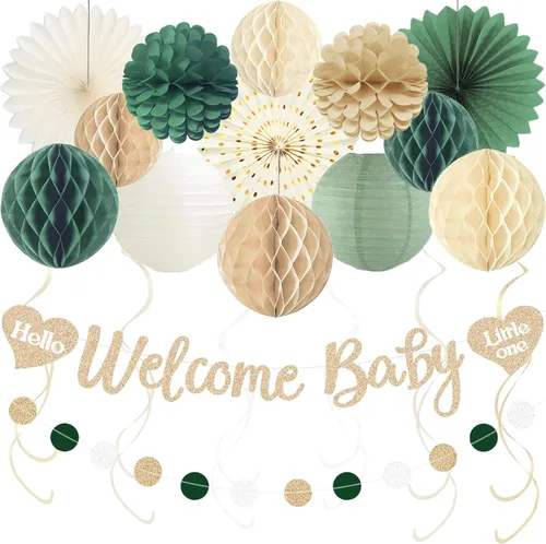 Miniatura 9 de Decoraciones de baby shower boho para niña, pancarta de bienvenida con bolas de nido de abeja pre-hiladas, flores de papel, linternas, abanicos