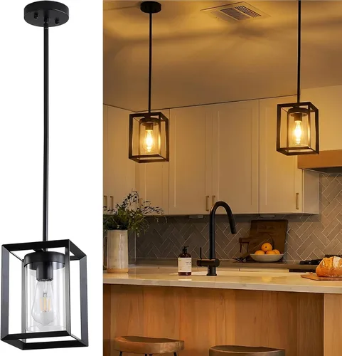 Paquete de 2 lámparas colgantes de isla de cocina color negro, altura ajustable, barra de metal colgante moderna con jaula de metal y pantalla de