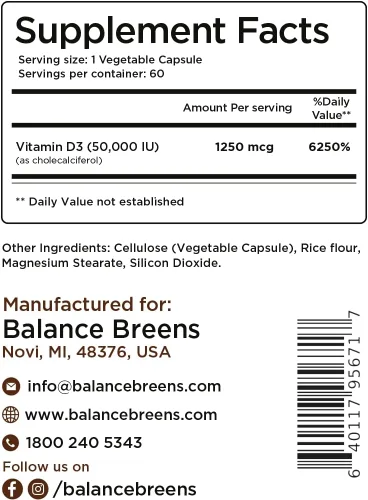 Miniatura 6 de Balance Breens Vitamina D3 50,000 UI - 60 cápsulas vegetales - Suplemento de vitamina D sin gluten de alta potencia sin OMG