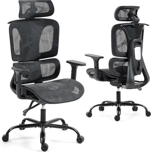 Silla de oficina ergonómica con soporte lumbar ajustable, reposabrazos y reposacabezas 3D, silla reclinable de 135° con base de acero grande, silla